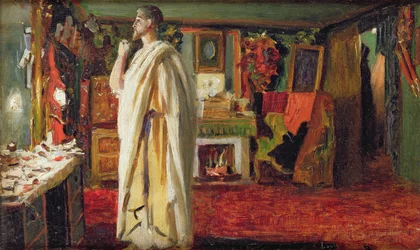 Der Schauspieler Mounet Sully in römischem Kostüm in seiner Garderobe